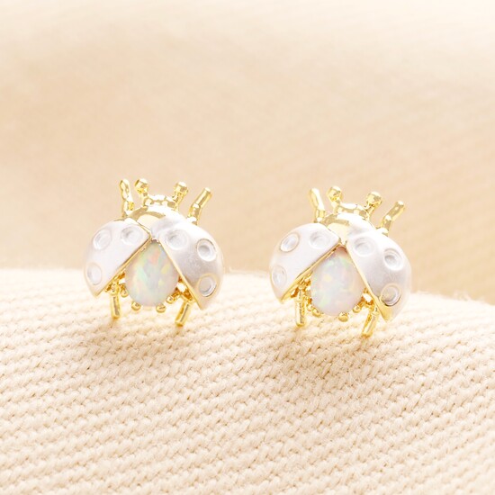 Opal Ladybird Stud Earrings in Gold