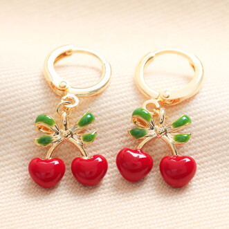 Enamel Cherry Bow Huggie Hoop Earrings in Gold