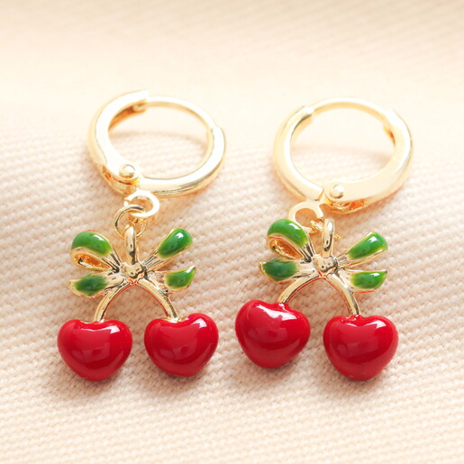 Cherry Bow Enamel Huggie Hoop Earrings in Gold