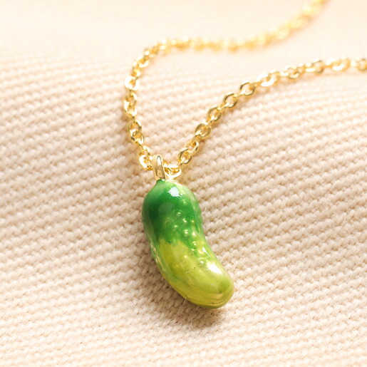 Enamel Green Pickle Pendant Necklace in Gold