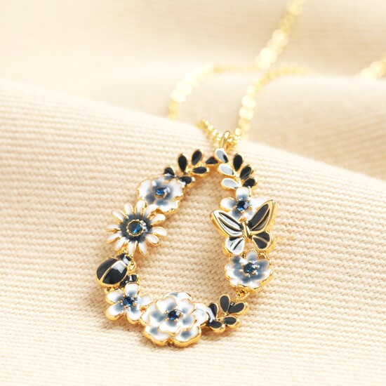 Enamel Blue Flower and Bee Teardrop Pendant Necklace in Gold