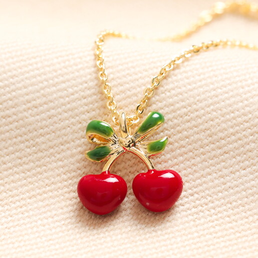 Enamel Cherry Bow Pendant Necklace in Gold