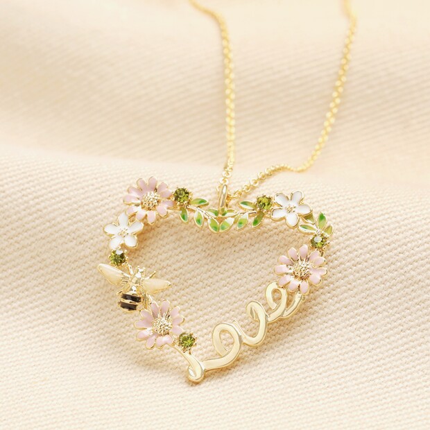 Crystal Flower and Bee 'Love' Pendant Necklace in Gold Crystal Flower and Bee 'Love' Pendant Necklace in Gold