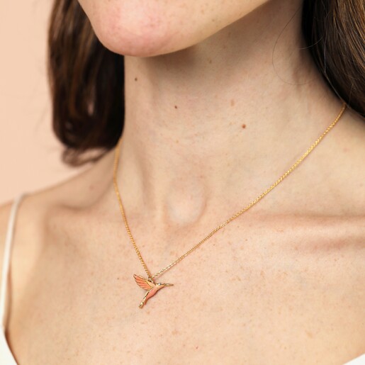Model Shot for the Pink, Yellow and Peach Hummingbird Pendant Necklace in Gold