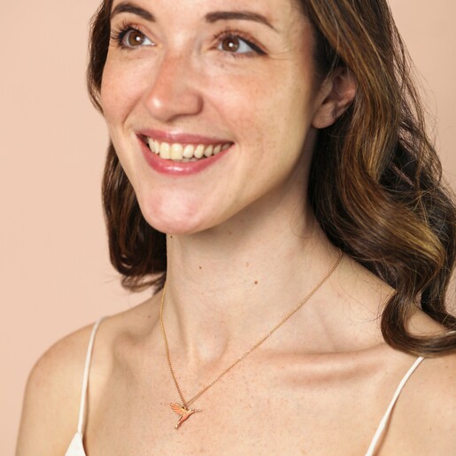 Model Shot for the Pink, Yellow and Peach Hummingbird Pendant Necklace in Gold