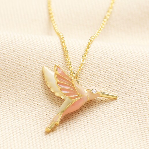 Pink Yellow and Peach Hummingbird Pendant Necklace in Gold