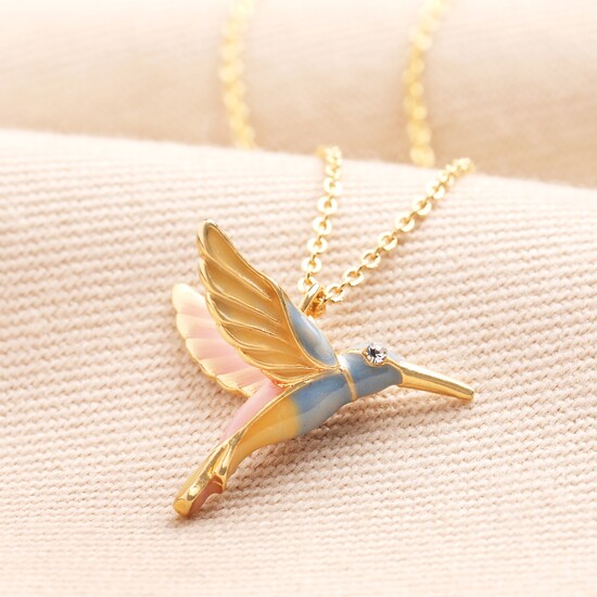 Pastel Hummingbird Pendant Necklace in Gold