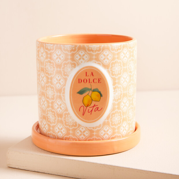 Pink 'La Dolce Vita' Lemons Ceramic Planter with Tray Pink 'La Dolce Vita' Lemons Ceramic Planter with Tray