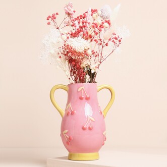 Pink and Yellow Embossed Cherry Ceramic Vase