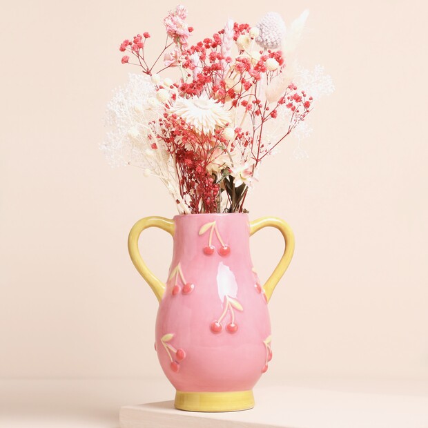Pink and Yellow Embossed Cherry Ceramic Vase Pink and Yellow Embossed Cherry Ceramic Vase