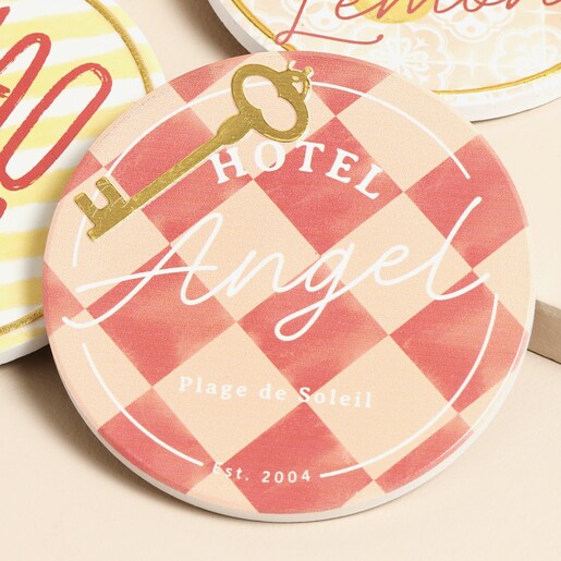 Close Up of Set of 4 Hotel Angel Coasters