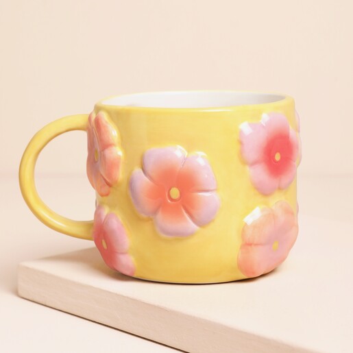 Retro Floral Yellow and Pink Ceramic Mug