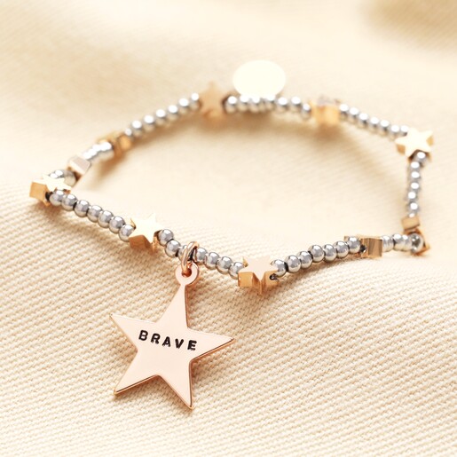 Close up Personalised Stainless Steel Star Beaded Bracelet in Rose Gold close up
