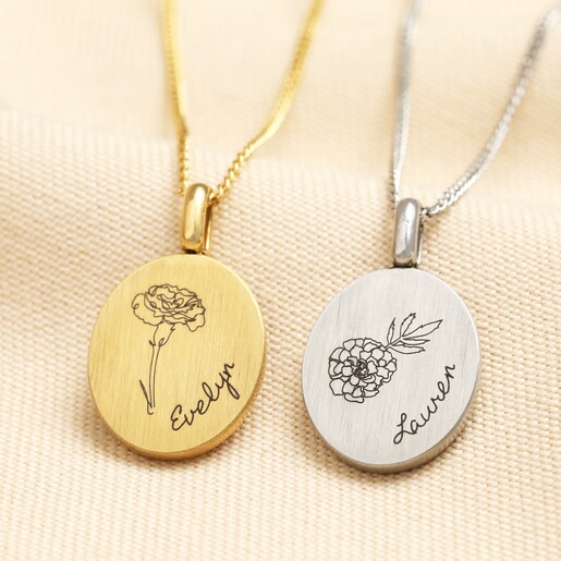 Personalised Name and Birth Flower Oval Pendant Necklace 