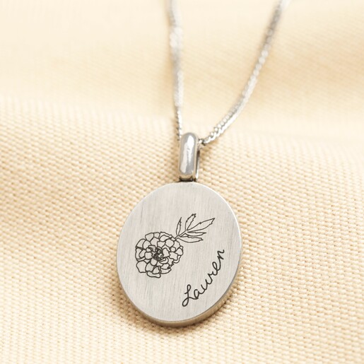 Personalised Name and Birth Flower Oval Pendant Necklace in Silver