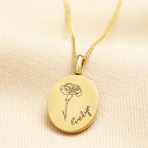 Personalised Name and Birth Flower Oval Pendant Necklace in Gold