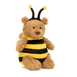 A classic teddy bear plush toy with brown fur wearing a sweet yellow and black bee onesie