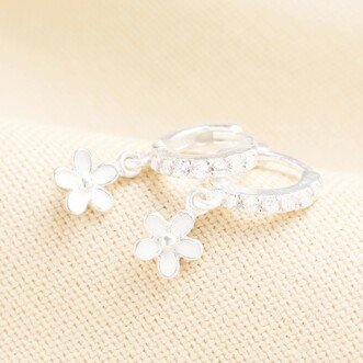 Sterling Silver Flower Crystal Huggie Hoop Earrings