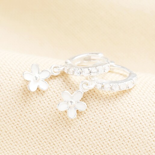 Sterling Silver Flower Crystal Huggie Hoop Earrings