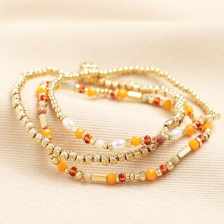 Set of 3 Stainless Steel Orange Layered Beaded Bracelets in Gold