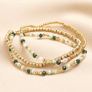 Set of 3 Stainless Steel Layered Green Beaded Bracelets in Gold