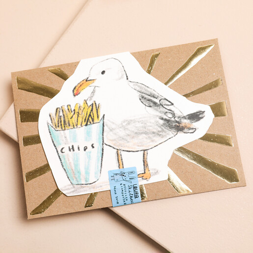 Laura Skilbeck Seagull and Chips Seaside Card on a neutral background