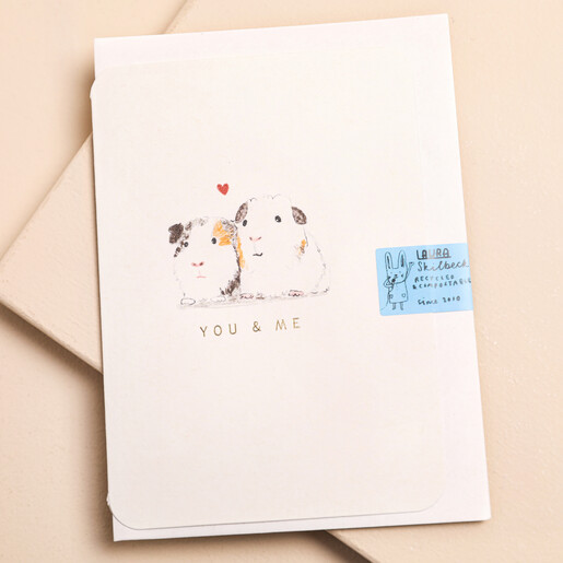 Laura Skilbeck Vintage Gold Guinea Pig You and Me Card on a neutral colour background