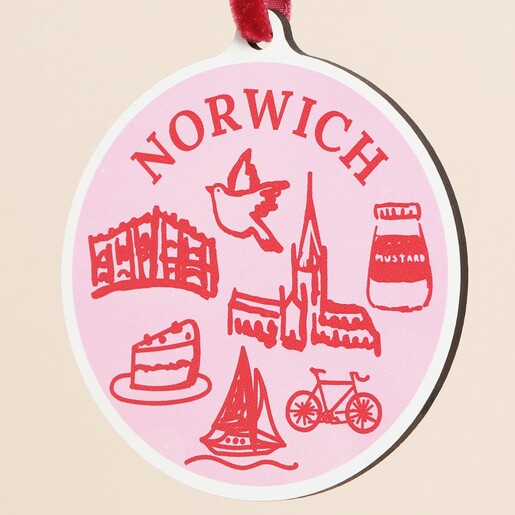 Close Up of Norwich Wooden Hanging Sketch Decoration