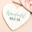 Cream Wonderful Mum Stripe Ceramic Heart Coaster