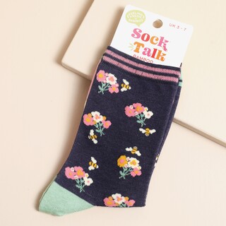 Sock Talk Bees Floral Posies Bamboo Socks in Navy