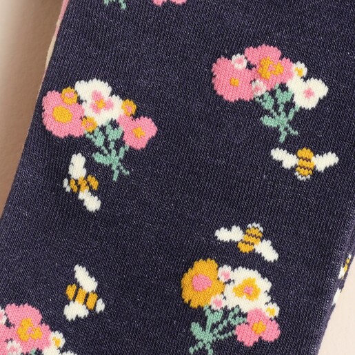 Close Up of Sock Talk Bees Floral Posies Bamboo Socks in Navy