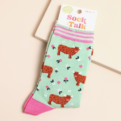 Sock Talk Highland Cow Floral Meadow Bamboo Socks in Green