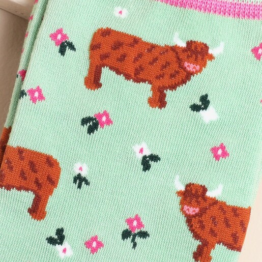 Sock Talk Highland Cow Floral Meadow Bamboo Socks in Green