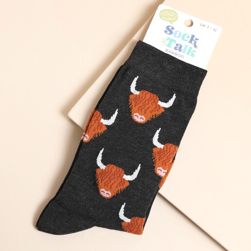 Sock Talk Men's Highland Cow Bamboo Socks in Black