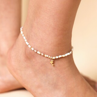 Stainless Steel Dolphin Charm Shell Beaded Anklet in Gold