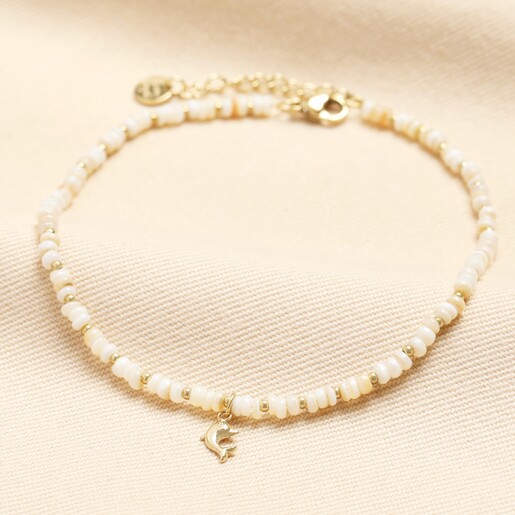Stainless Steel Dolphin Charm Shell Beaded Anklet in Gold Stainless Steel Dolphin Charm Shell Beaded Anklet in Gold