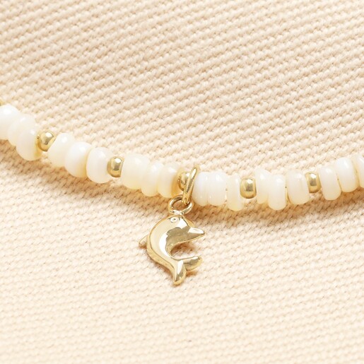 Stainless Steel Dolphin Charm Shell Beaded Anklet in Gold Stainless Steel Dolphin Charm Shell Beaded Anklet in Gold