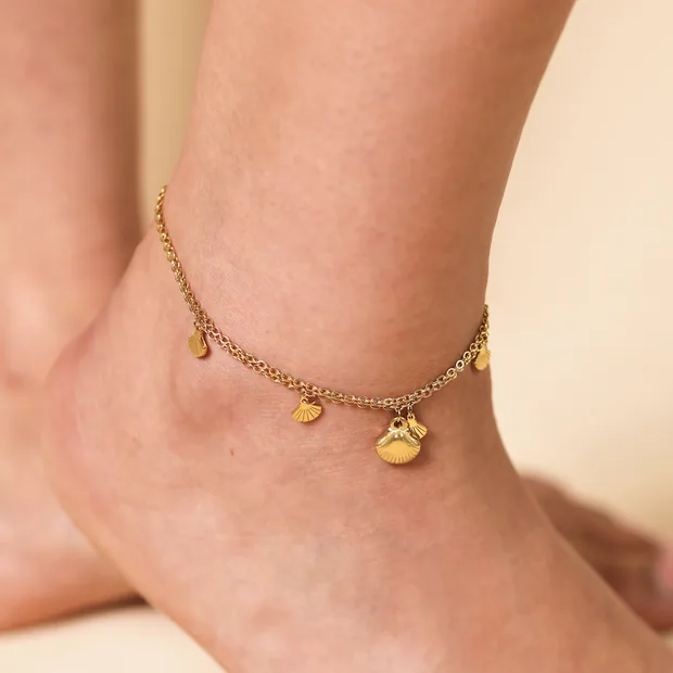 Stainless Steel Double Layer Shell Anklet in Gold Stainless Steel Double Layer Shell Anklet in Gold