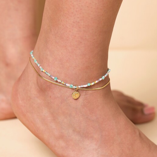 Stainless Steel Double Layer Sun Charm Pastel Beaded Anklet in Gold