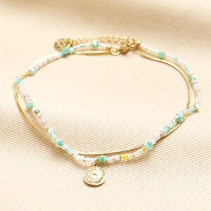 Stainless Steel Double Layer Sun Charm Beaded Anklet in Gold