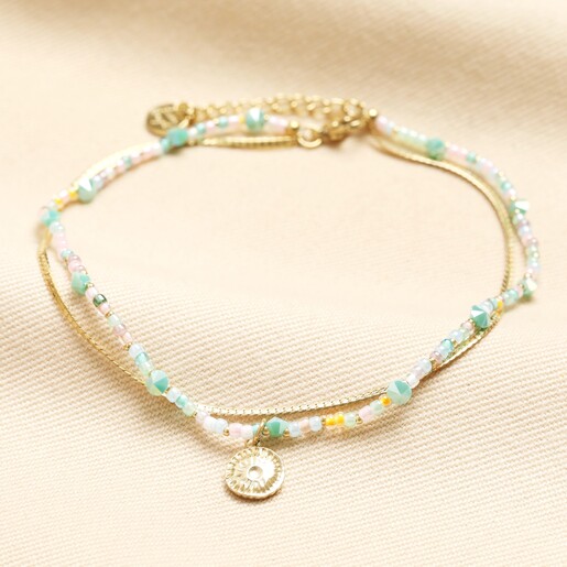 Stainless Steel Double Layer Sun Charm Pastel Beaded Anklet in Gold