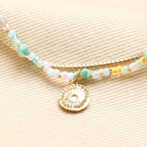 Stainless Steel Double Layer Sun Charm Pastel Beaded Anklet in Gold