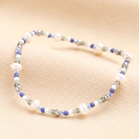 Freshwater Pearl and Mixed Blue Beaded Bracelet in Silver