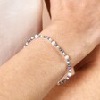 Close Up of Freshwater Pearl and Mixed Blue Beaded Bracelet in Silver on Model