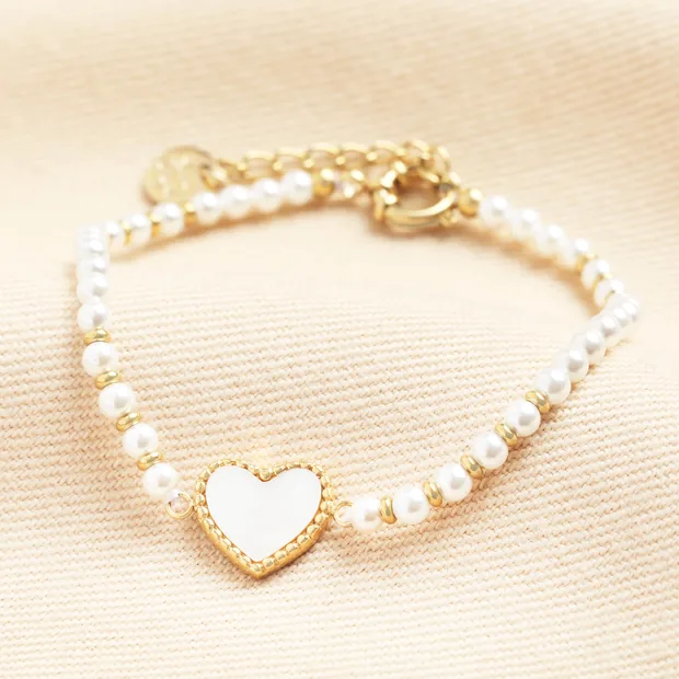 Mother of Pearl Bead and Shell Heart Charm Bracelet in Gold Mother of Pearl Bead and Shell Heart Charm Bracelet in Gold