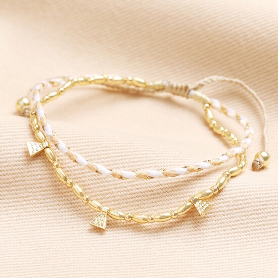 Neutral and Gold Cord Double Layer Beaded Bracelet in Gold 