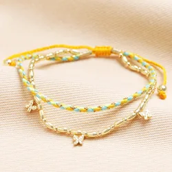 Orange and Blue Cord Double Layer Beaded Bracelet in Gold