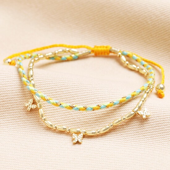 Orange and Blue Cord Double Layer Beaded Bracelet in Gold 