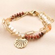 Orange Double Layer Outline Shell Charm Beaded Bracelet in Gold