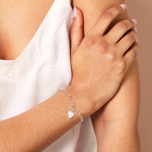 Model Shot of Personalised Name Heart Chain Bracelet in Silver 